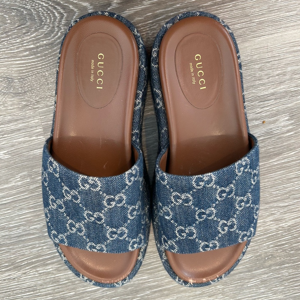 Gucci Monogram Denim platform slides